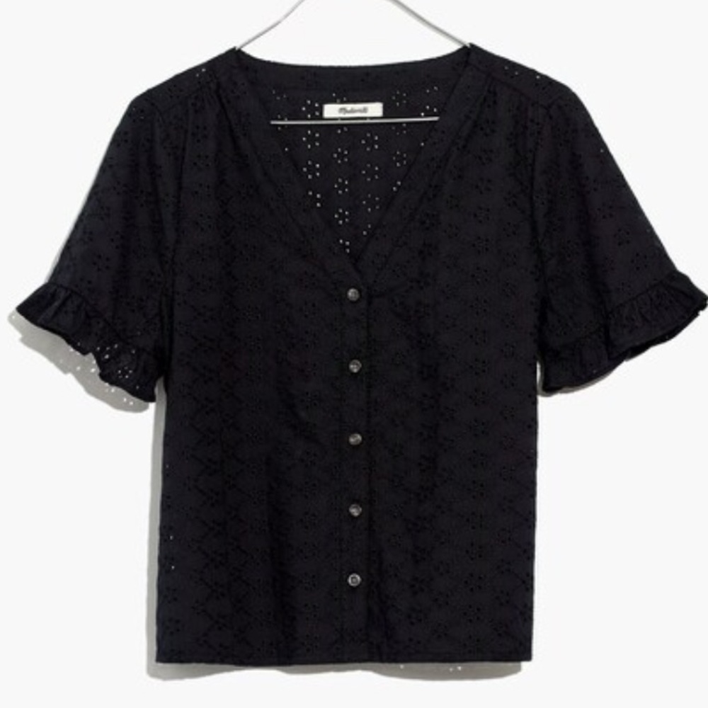 NWT Madewell Eyelet Village Ruffle Sleeve Black Eyelet V-Neck Top